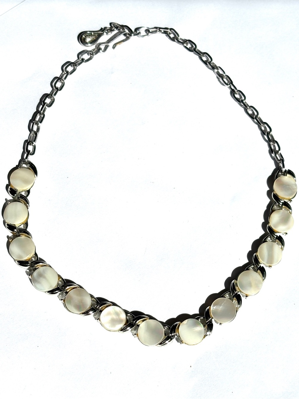Vintage Coro Pegasus MCM Faux Moonstone Cabochon Silver Tone Necklace 17”